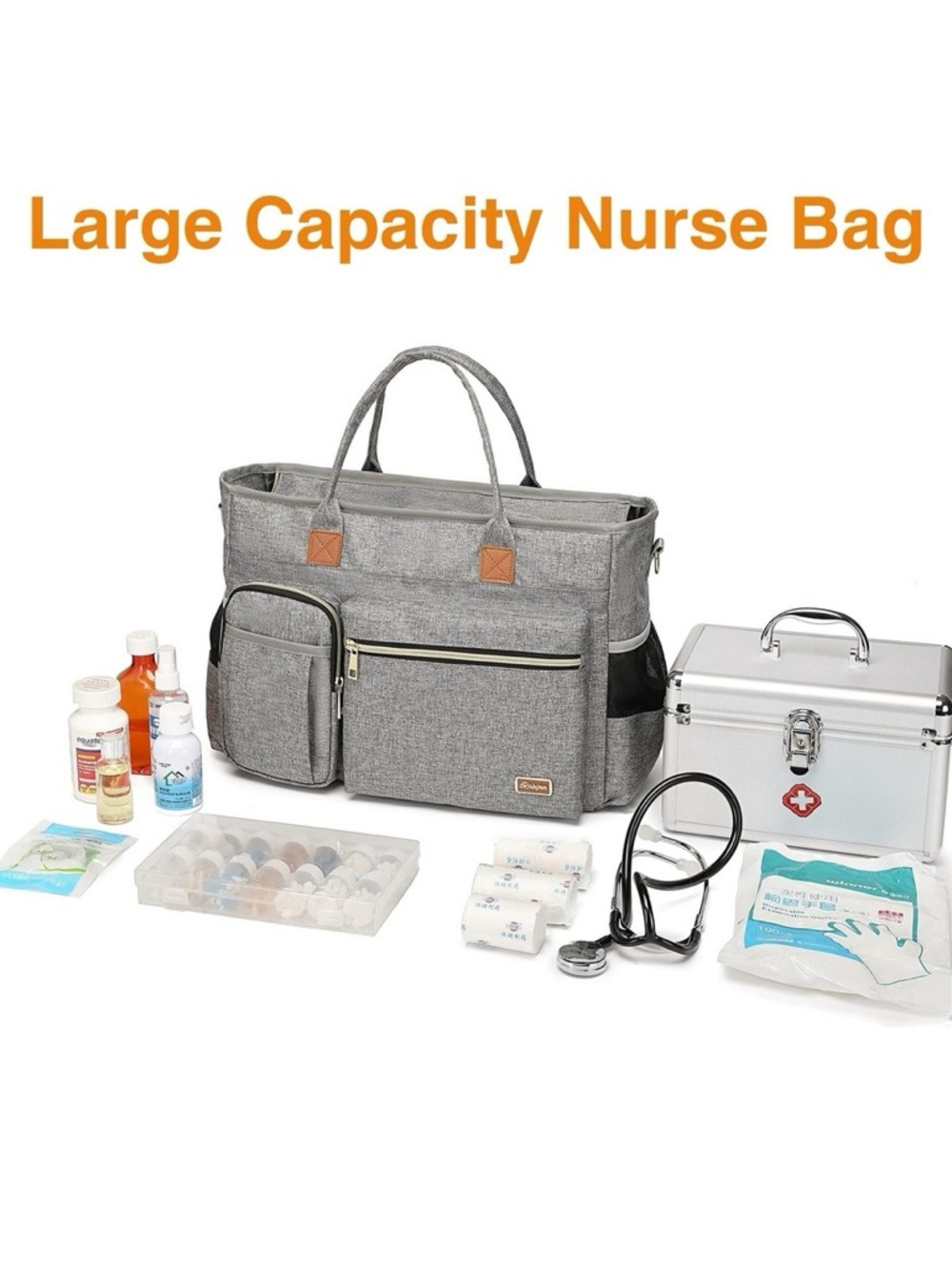 Rabjen Gray Nurse Tote Bag w/ Laptop Sleeve & Insulation 15.6” Home Health Care